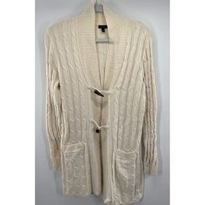 Talbots Women Cardigan Long Sweater Ivory Wooden Button Accent Wool Blend Medium